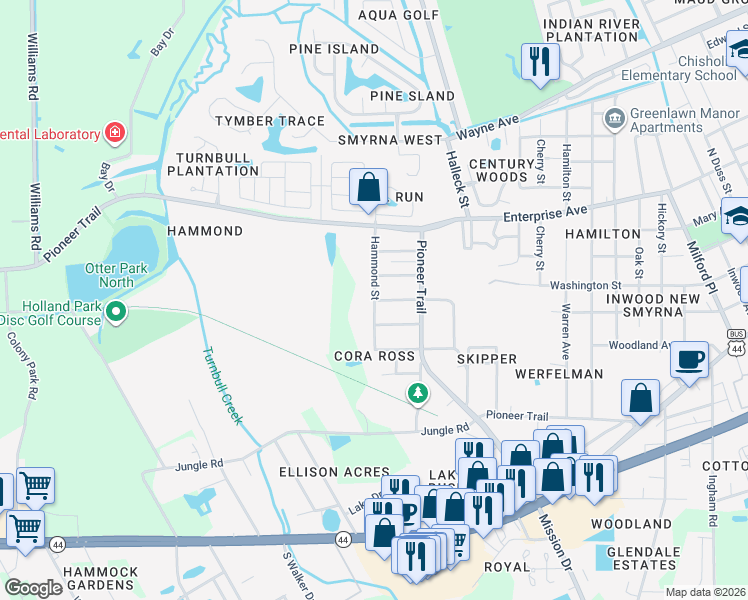 map of restaurants, bars, coffee shops, grocery stores, and more near Hammond Street in New Smyrna Beach