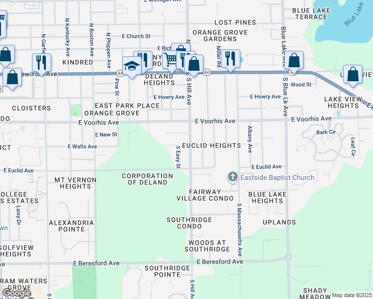 map of restaurants, bars, coffee shops, grocery stores, and more near 415 South Easy Street in DeLand