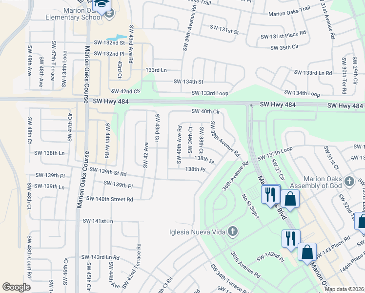 map of restaurants, bars, coffee shops, grocery stores, and more near 13774 Southwest 39th Court in Ocala