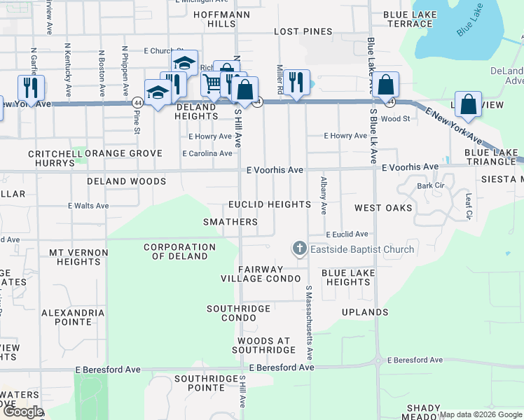 map of restaurants, bars, coffee shops, grocery stores, and more near 408 Ruby Avenue in DeLand