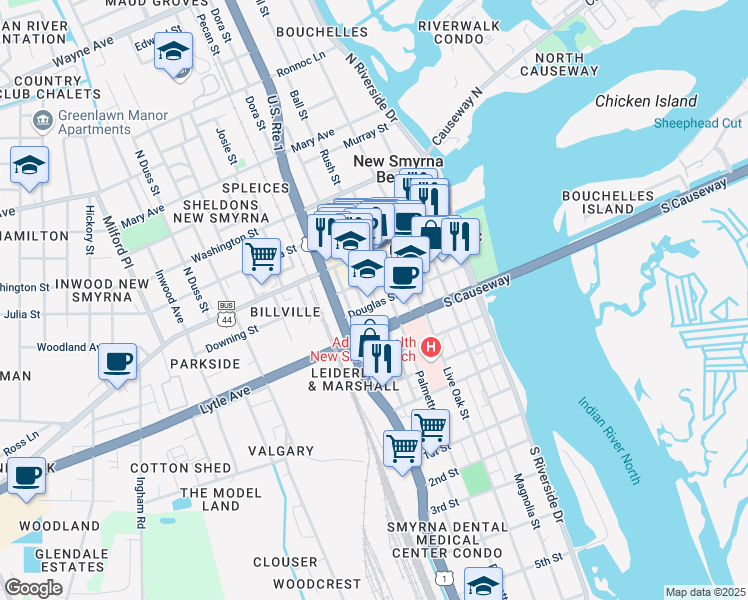 map of restaurants, bars, coffee shops, grocery stores, and more near 314 Palmetto Street in New Smyrna Beach