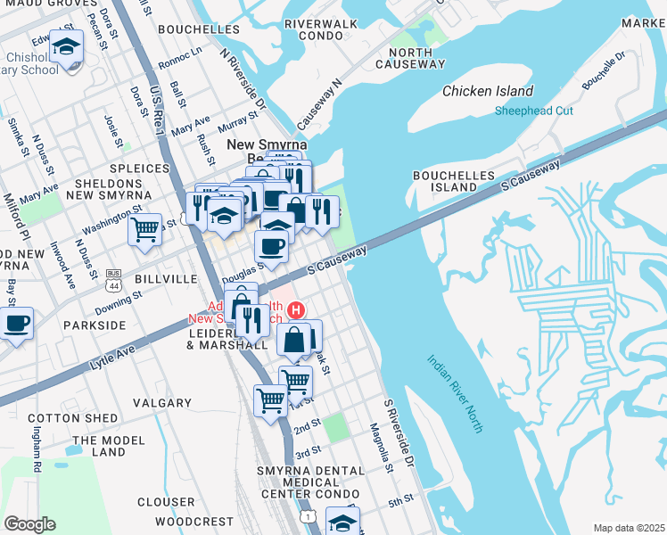 map of restaurants, bars, coffee shops, grocery stores, and more near 408 South Riverside Drive in New Smyrna Beach
