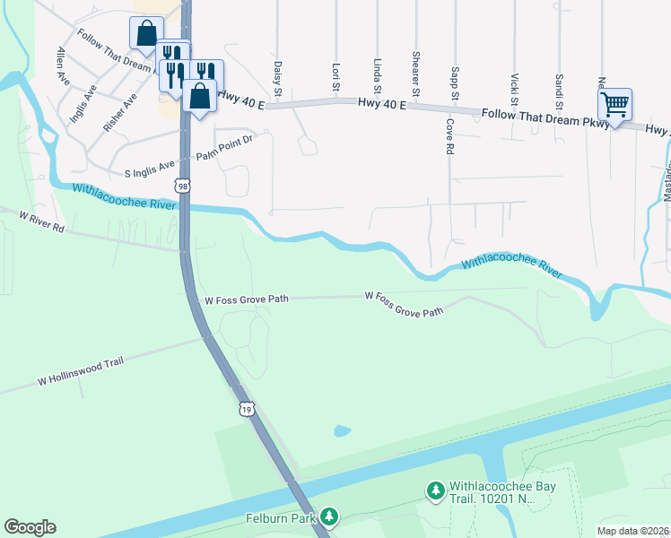 map of restaurants, bars, coffee shops, grocery stores, and more near 13411 West Foss Grove Path in Inglis