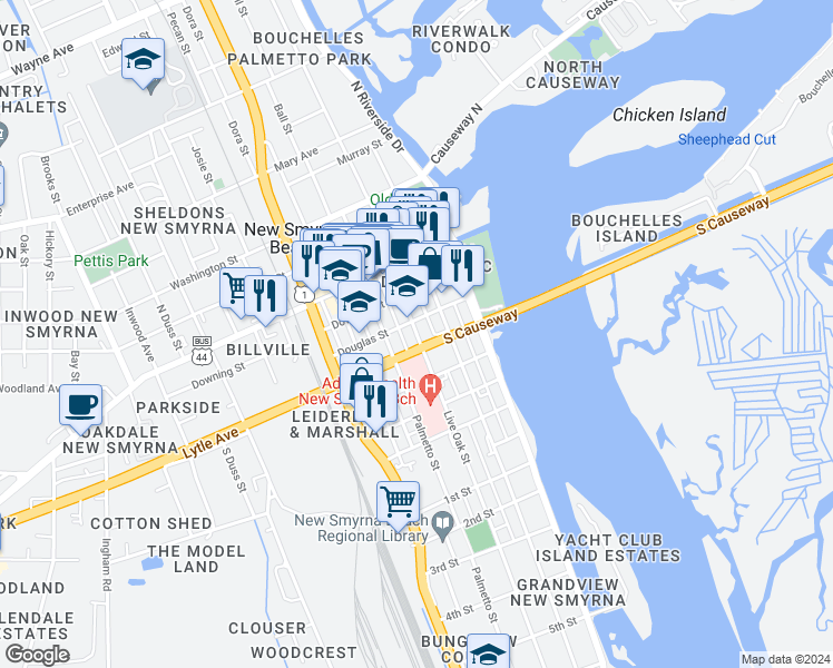 map of restaurants, bars, coffee shops, grocery stores, and more near 312 Live Oak Street in New Smyrna Beach