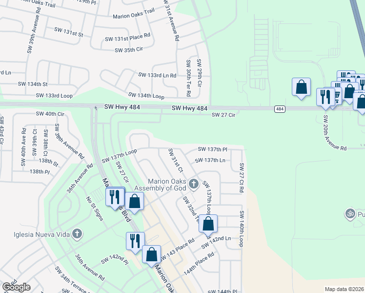 map of restaurants, bars, coffee shops, grocery stores, and more near 3050 Southwest 137th Place in Ocala