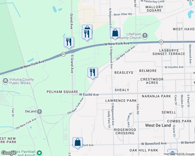 map of restaurants, bars, coffee shops, grocery stores, and more near 2060 Old New York Avenue in DeLand
