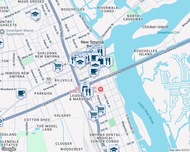 map of restaurants, bars, coffee shops, grocery stores, and more near 312 Live Oak Street in New Smyrna Beach