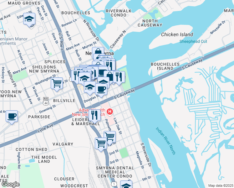 map of restaurants, bars, coffee shops, grocery stores, and more near 302 South Riverside Drive in New Smyrna Beach