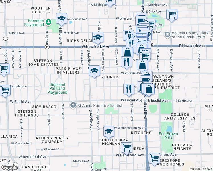 map of restaurants, bars, coffee shops, grocery stores, and more near 344 West New Street in DeLand