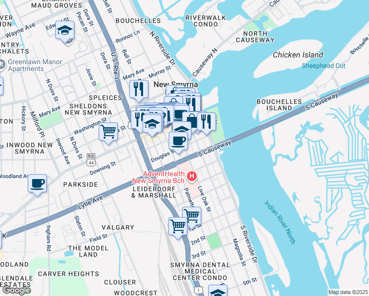 map of restaurants, bars, coffee shops, grocery stores, and more near 210 Magnolia Street in New Smyrna Beach