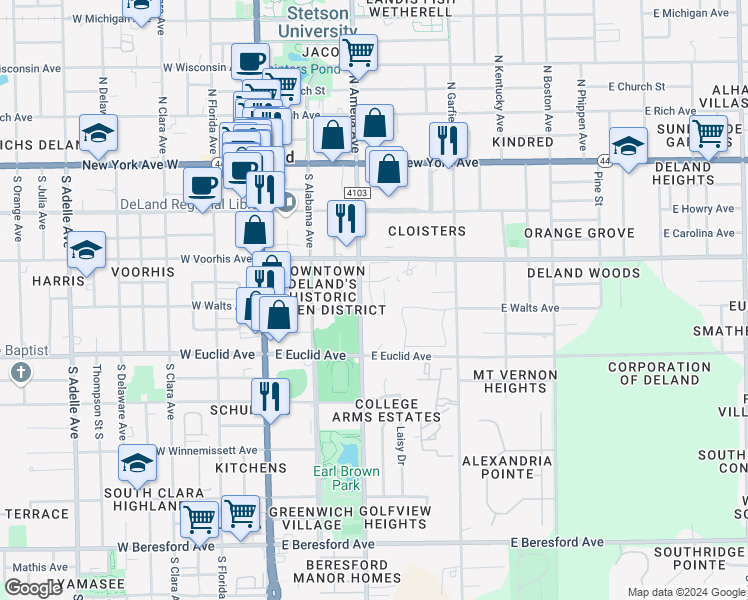 map of restaurants, bars, coffee shops, grocery stores, and more near 52 Villa Villar Court in DeLand