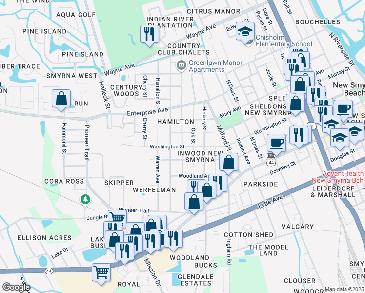 map of restaurants, bars, coffee shops, grocery stores, and more near 299 Howard Avenue in New Smyrna Beach