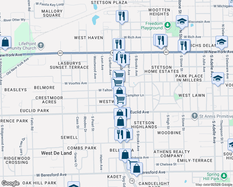 map of restaurants, bars, coffee shops, grocery stores, and more near 1013 West Talton Avenue in DeLand