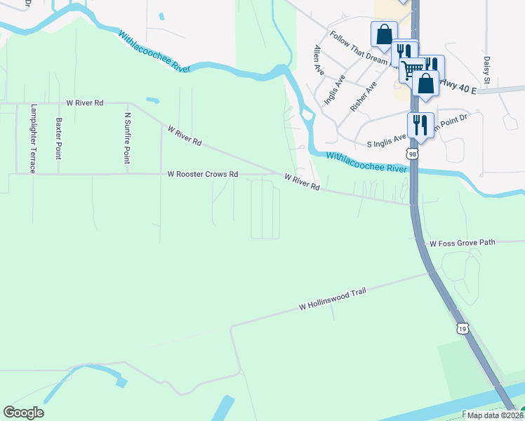 map of restaurants, bars, coffee shops, grocery stores, and more near 11245 North Northwood Drive in Inglis