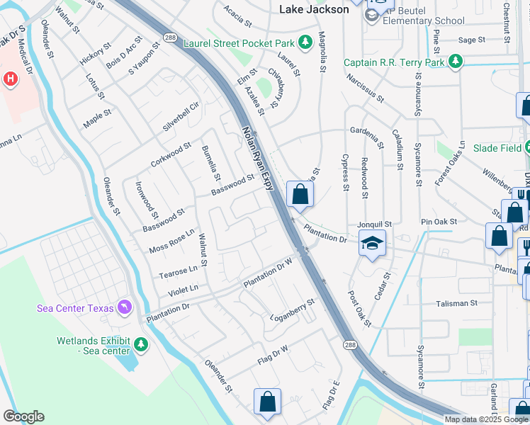 map of restaurants, bars, coffee shops, grocery stores, and more near 506 Texas 288 Frontage Road in Lake Jackson