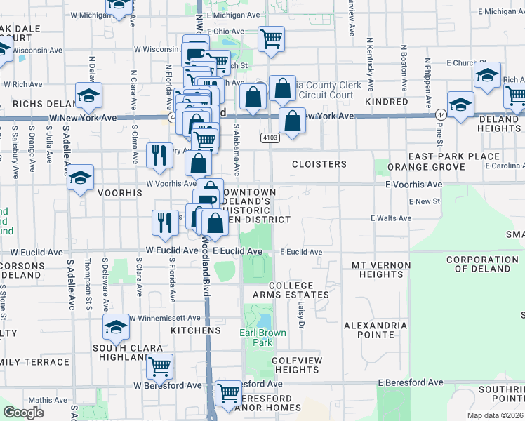 map of restaurants, bars, coffee shops, grocery stores, and more near 333 South Osceola Street in DeLand