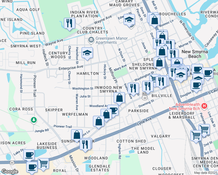 map of restaurants, bars, coffee shops, grocery stores, and more near 301 Milford Place in New Smyrna Beach