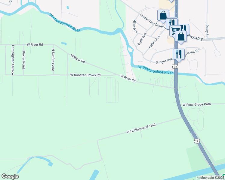 map of restaurants, bars, coffee shops, grocery stores, and more near 11245 North Northwood Drive in Inglis