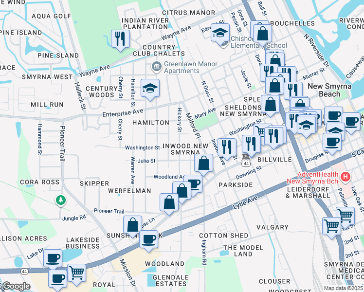 map of restaurants, bars, coffee shops, grocery stores, and more near 1105 Washington Street in New Smyrna Beach