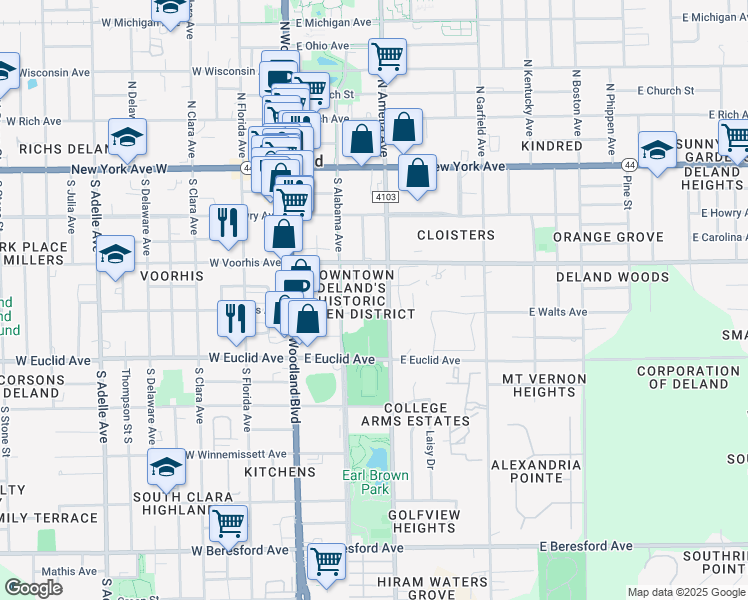 map of restaurants, bars, coffee shops, grocery stores, and more near in DeLand