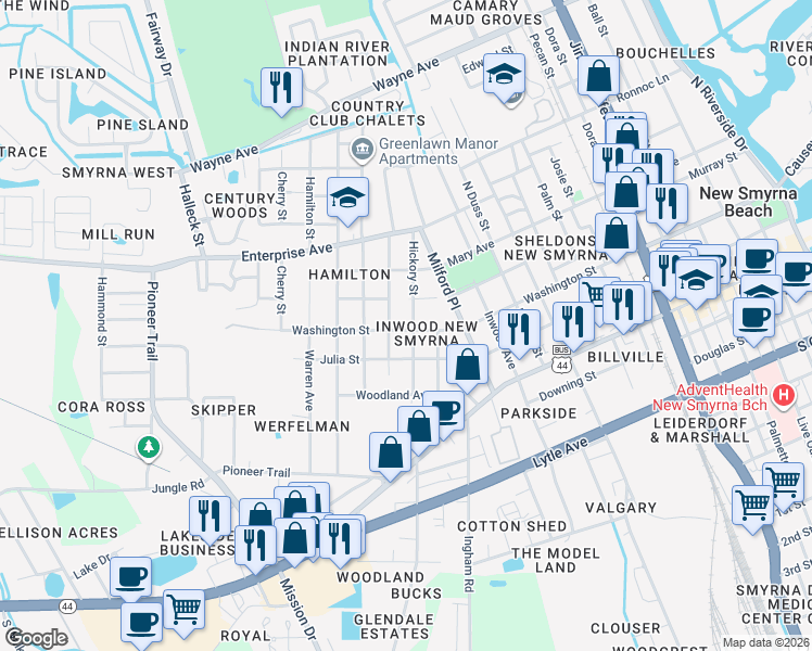 map of restaurants, bars, coffee shops, grocery stores, and more near 300 Hickory Street in New Smyrna Beach