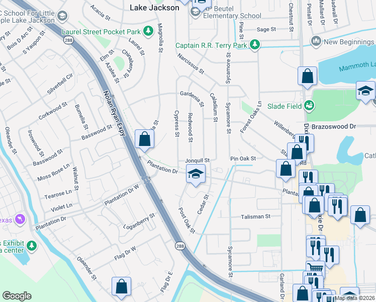 map of restaurants, bars, coffee shops, grocery stores, and more near 326 Redwood Street in Lake Jackson