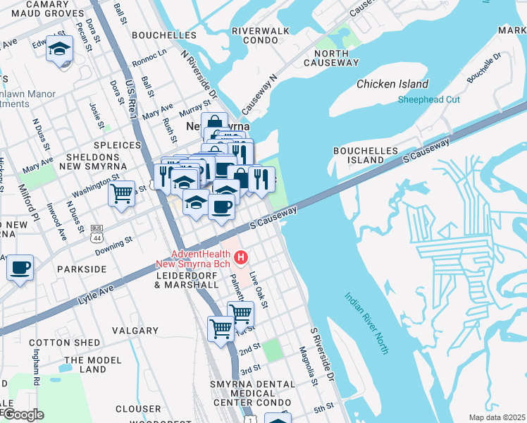 map of restaurants, bars, coffee shops, grocery stores, and more near 302 South Riverside Drive in New Smyrna Beach