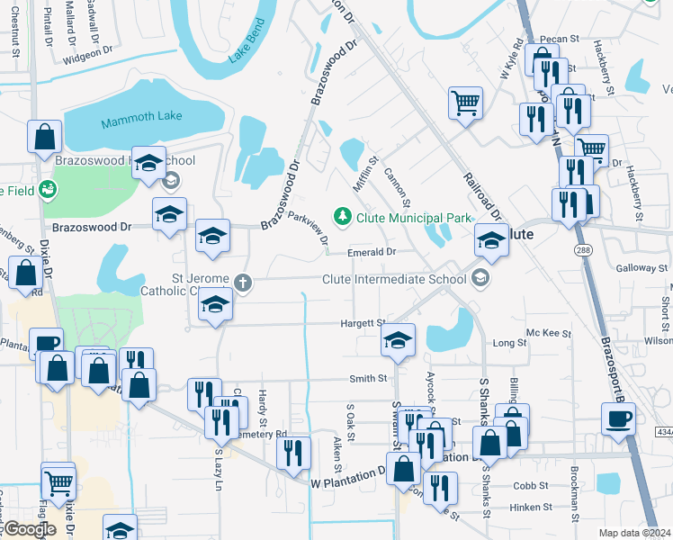 map of restaurants, bars, coffee shops, grocery stores, and more near 210 Emerald Drive in Clute