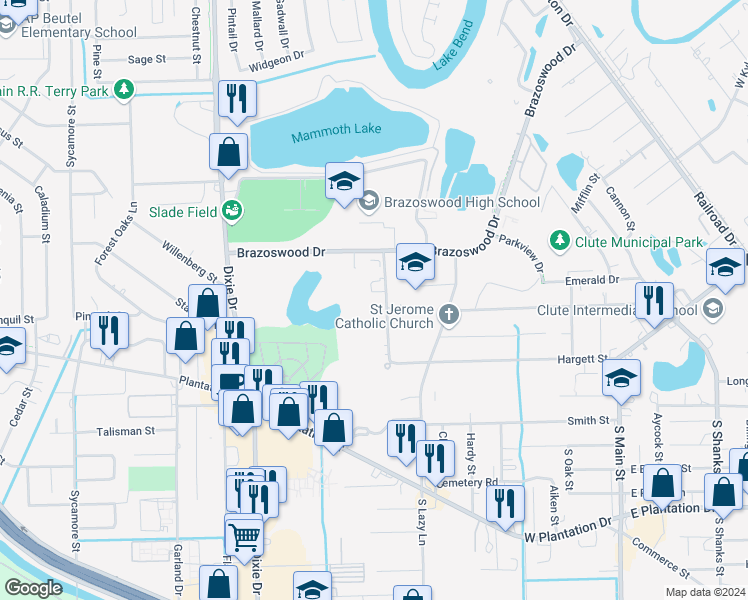 map of restaurants, bars, coffee shops, grocery stores, and more near 200 Lakeview Drive in Clute
