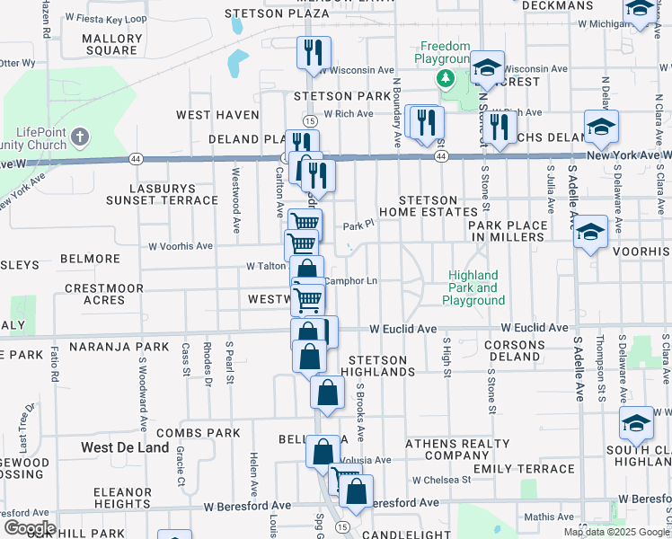 map of restaurants, bars, coffee shops, grocery stores, and more near 1031 Camphor Lane in DeLand