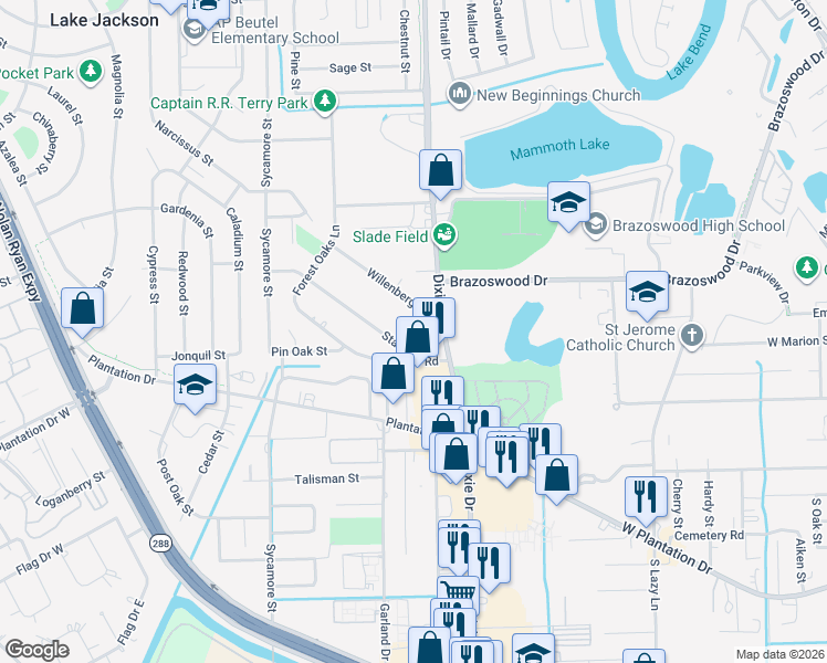map of restaurants, bars, coffee shops, grocery stores, and more near 105 Dixie Drive in Lake Jackson