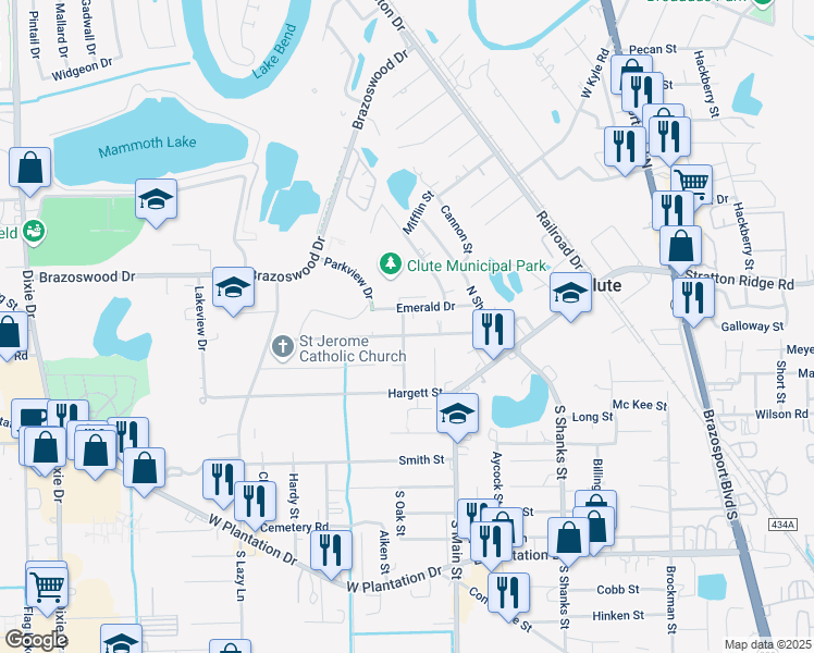 map of restaurants, bars, coffee shops, grocery stores, and more near 138 Emerald Drive in Clute