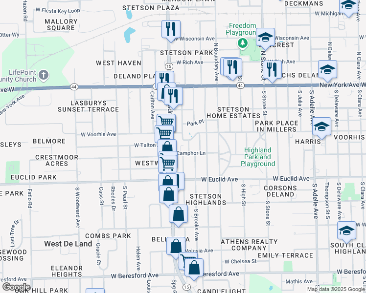 map of restaurants, bars, coffee shops, grocery stores, and more near 1031 Camphor Lane in DeLand