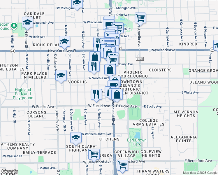 map of restaurants, bars, coffee shops, grocery stores, and more near 141 West New Street in DeLand