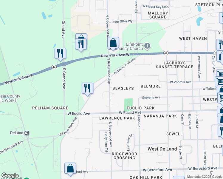 map of restaurants, bars, coffee shops, grocery stores, and more near 1698 Beasley Drive in DeLand