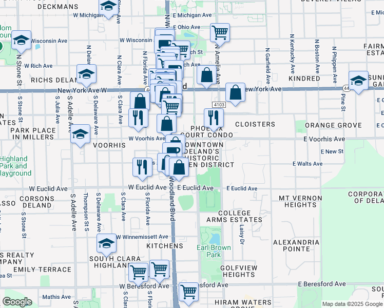 map of restaurants, bars, coffee shops, grocery stores, and more near 326 South Alabama Avenue in DeLand
