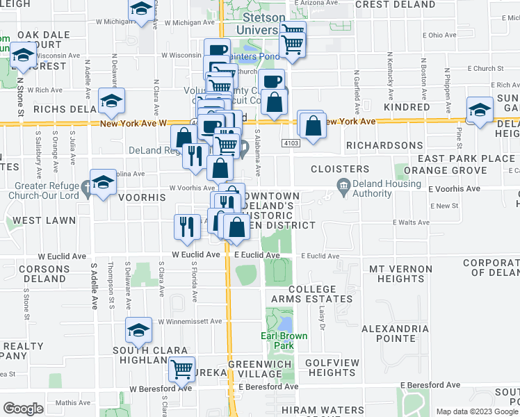 map of restaurants, bars, coffee shops, grocery stores, and more near 326 South Alabama Avenue in DeLand