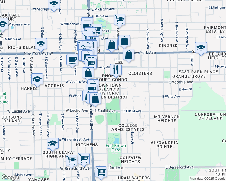 map of restaurants, bars, coffee shops, grocery stores, and more near 326 South Osceola Street in DeLand