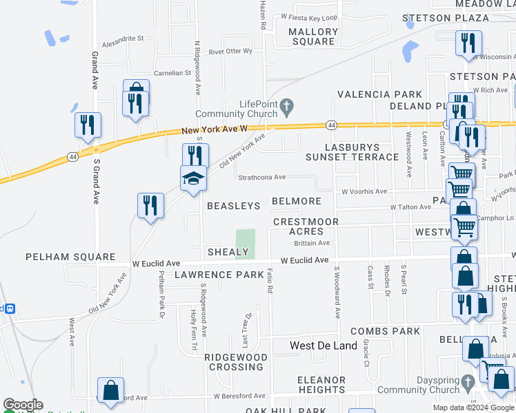 map of restaurants, bars, coffee shops, grocery stores, and more near 1670 Beasley Drive in DeLand