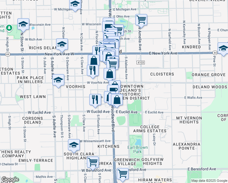 map of restaurants, bars, coffee shops, grocery stores, and more near 331 South Woodland Boulevard in DeLand