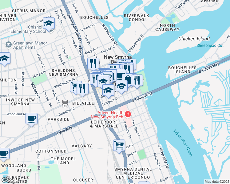 map of restaurants, bars, coffee shops, grocery stores, and more near 312 Downing Street in New Smyrna Beach
