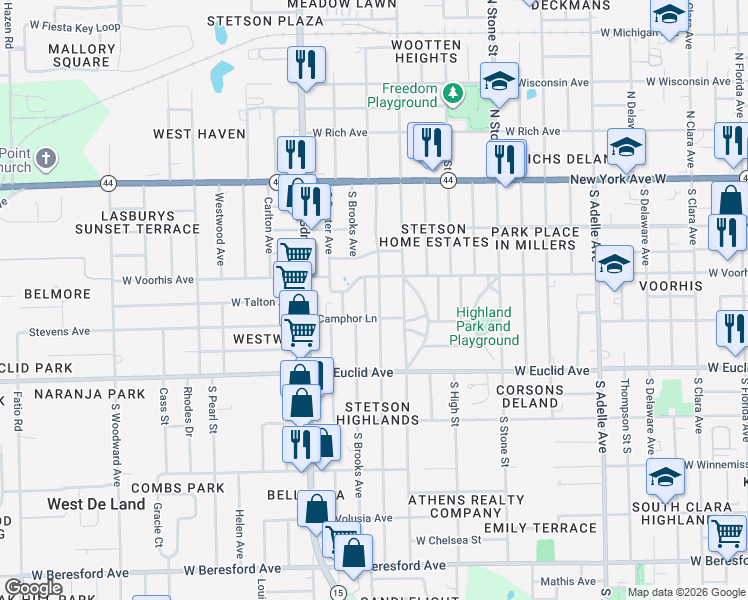map of restaurants, bars, coffee shops, grocery stores, and more near 310 South Montgomery Avenue in DeLand