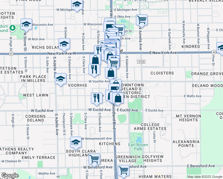 map of restaurants, bars, coffee shops, grocery stores, and more near 330 South Woodland Boulevard in DeLand