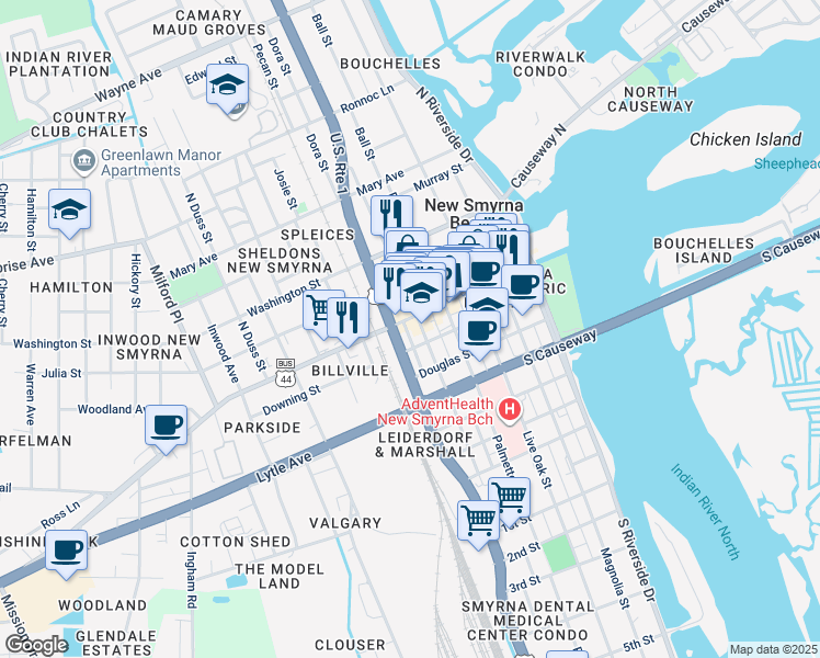 map of restaurants, bars, coffee shops, grocery stores, and more near 115 South Orange Street in New Smyrna Beach