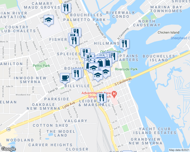 map of restaurants, bars, coffee shops, grocery stores, and more near 115 South Orange Street in New Smyrna Beach