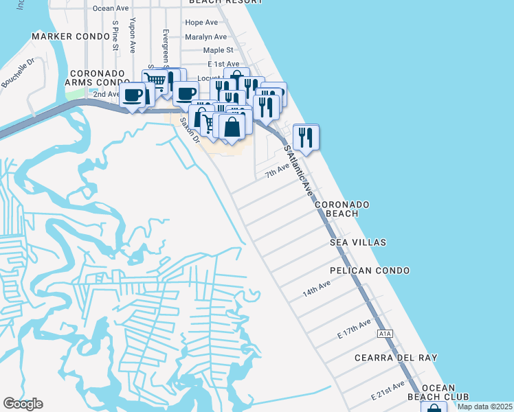 map of restaurants, bars, coffee shops, grocery stores, and more near 805 8th Avenue in New Smyrna Beach