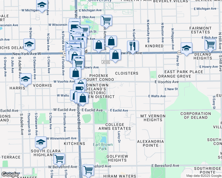 map of restaurants, bars, coffee shops, grocery stores, and more near 52 Villa Villar Court in DeLand