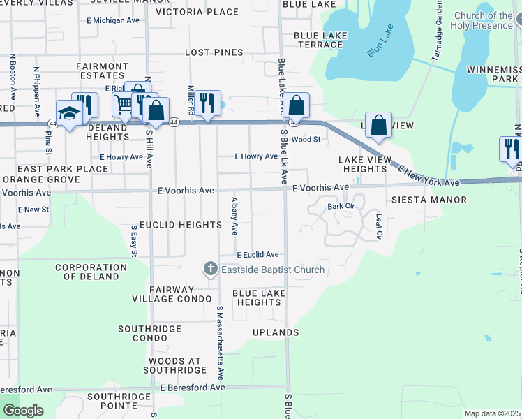 map of restaurants, bars, coffee shops, grocery stores, and more near 311 Wade Ave in DeLand