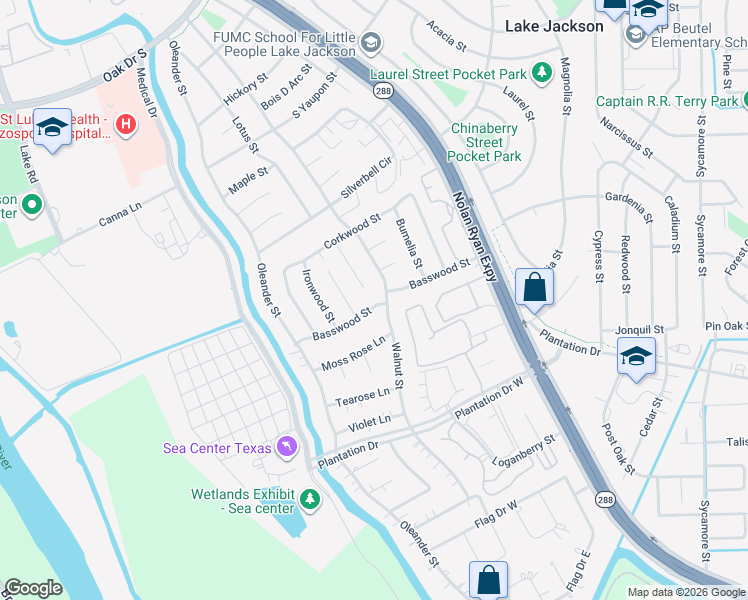 map of restaurants, bars, coffee shops, grocery stores, and more near 202 Basswood St in Lake Jackson