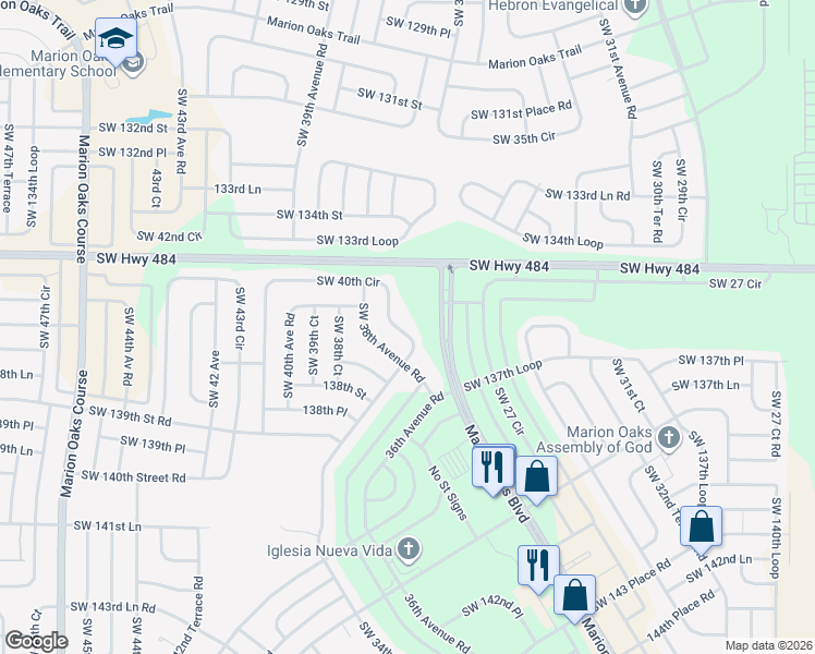 map of restaurants, bars, coffee shops, grocery stores, and more near 13586 Southwest 40th Circle in Ocala